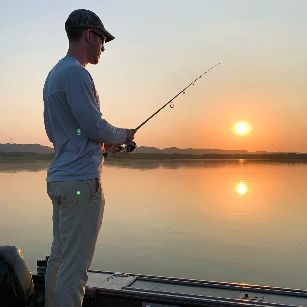 andrew juran holding Spinning Rod for panfish at sunset wearing huk fishing pants