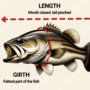 how to measure a fish length and girth icon visualized on a largemouth bass watermarked with juranadventures